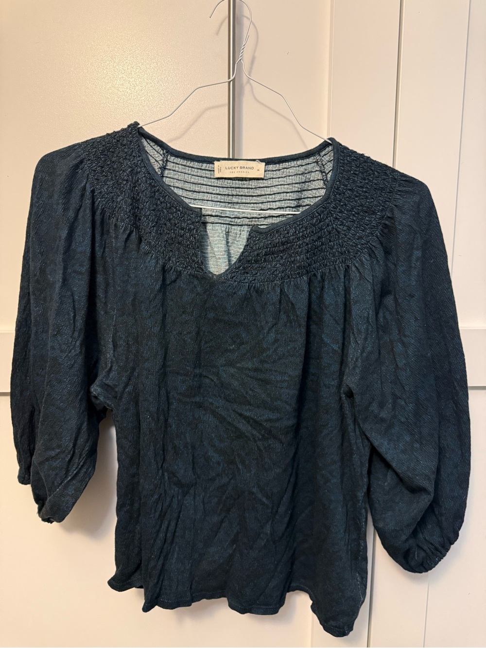 Lucky Brand Teal Smocked Yoke Peasant Blouse